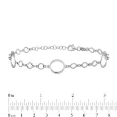 Add a little drama with this polished circle link bracelet. Hollow sterling silver Open circle links - three smaller and one larger - create the repeating pattern 4.7mm width 6.0 inches with 1.0-inch extender; lobster claw clasp Adjustable Round Chain Bracelet With Solid Links, Adjustable Sterling Silver Bracelet With Lobster Clasp, Sterling Silver Bracelet With Spring Ring Clasp, Modern Round Chain Bracelet With Polished Finish, Adjustable Round Chain Bracelet With Polished Finish, Modern Round Bracelets With Adjustable Chain, Sterling Silver Bracelet With Solid Round Links, Sterling Silver Bracelet With Rolo Chain, Modern Polished Chain Bracelet