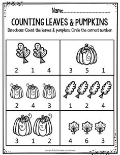 the worksheet for counting leaves and pumpkins is shown in black and white