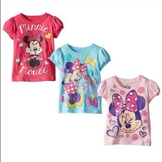 60% Cotton/40% Polyester Made In The Usa And Imported Machine Wash Three Crew-Neck T-Shirts Featuring Puffed Sleeves And Minnie Mouse Graphics Summer Minnie Mouse Short Sleeve T-shirt, Cute Minnie Mouse T-shirt For Summer, Fun Pink Minnie Mouse Top, Playful Minnie Mouse Short Sleeve Top, Playful Minnie Mouse Cotton T-shirt, Casual Minnie Mouse Tops For Playtime, Playful Cotton T-shirt With Minnie Mouse, Fun Cotton Minnie Mouse Top, Cotton Minnie Mouse Top For Playtime