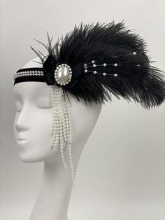 Retro party 1920s Headband Burlesque Feather Headpiece, 1920s Headpiece Diy, Elegant Adjustable Headpieces For Costume Party, Evening Carnival Headpieces With Feathers, Feathered Evening Headpieces For Carnival, Elegant Ostrich Feather Headpieces, Gatsby Style Headpiece For Carnival Costume Party, Flapper Style Headband For Costume Party, Elegant Carnival Headband Headpiece