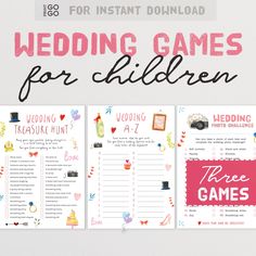 wedding games for children with the text'wedding games for children'in pink and blue