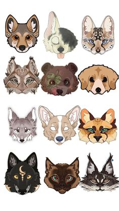 an assortment of different animal masks on a white background