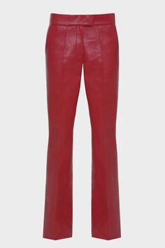 Vegan Leather low rise leather pants with elongated inseam. Zip and button closure. Fully lined. Fits true to size Classic Red Trousers, Classic Red Bottoms For Fall, Chic Red Leather Bottoms, Red Leather Bottoms For Work, Red Classic Straight Leg Bottoms, Classic Red Straight Leg Bottoms, Trendy Red Leather Bottoms, Wide Leg Red Leather Pants For Fall, Trendy Red Fitted Leather Pants