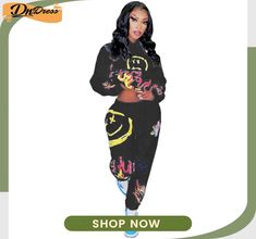 Graffiti Printed Hooded Sweatshirt Sports Two-piece Suit Summer Tracksuit, Office Suits, Two Piece Pants Set, Female Clothing, Graffiti Prints, Jogger Set, Outfit Summer, Streetwear Women, Long Sleeve Casual