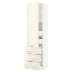 a tall white cabinet with three drawers