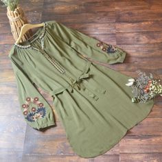 Women's Bohemian Dress V-Neck Tassel Embroidery Floral Boho Dress Vintage Tribal Mini Dresses Embroidered V-neck Bohemian Dress, Traditional Green Fall Dresses, Traditional Tunic Dress With Tassels, Bohemian Floral Embroidered Tunic For Fall, Bohemian Floral Embroidery Tunic For Fall, Bohemian Embroidered Peasant Dress For Summer, Green Bohemian Dress With Embroidered Hem, Bohemian Green Dress With Embroidered Neckline, Spring Hippie Boho Dress Embroidered