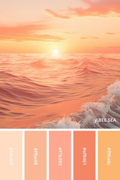 an ocean scene with the sun setting over the water and waves in color swatches