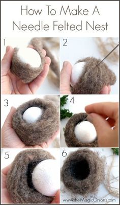 how to make a needle felt nest with wool and cotton balls in the center, step by step instructions