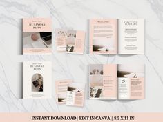 a pink and white brochure is displayed on a marble background with the words instant download