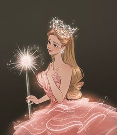 a drawing of a woman in a pink dress holding a sparkle wand and wearing a tiara