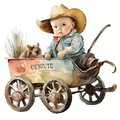 a painting of a baby in a wagon with a dog