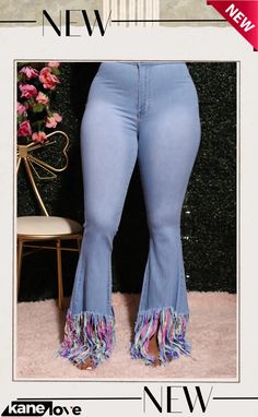 Tassels Bottom Sexy High Waist Flare Jeans Trendy High Waist Fringe Jeans, Fitted Denim Bottoms With Fringe, Ruffle Bell Bottom Jeans, High-rise Denim Blue Jeans With Fringe, Stretch Full-length Flare Jeans With Frayed Hem, Fur Purse, Flare Jeans, Womens Bottoms, Tassels