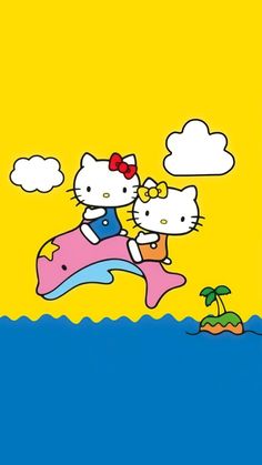 two hello kitty cartoon characters riding on the back of a dolphin