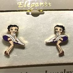 1” New, Never Worn Or Displayed. Pierced Betty Boop Earrings. Check Out My Other Betty Earring Designs And Pins The Underneath Part Of The Skirt Is Purple. Betty Boop Jewelry, Vivian Leigh, Betty Boop Classic, Marilyn Dress, Black Betty Boop, Frog Drawing, Black Betty, Earring Designs, Art Folder