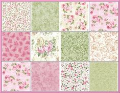 many different types of flowers and leaves on pink, green, yellow and white fabric