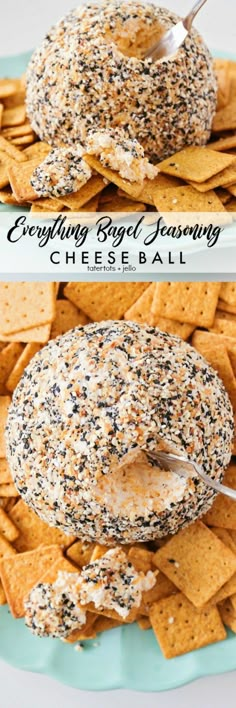 everything bagel seasoning cheese ball on a plate with crackers