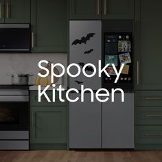 the words spooky kitchen are displayed in front of green cabinets