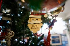 a christmas ornament hanging from the side of a tree