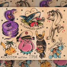 an assortment of temporary tattoos on a sheet of paper with images of animals and birds