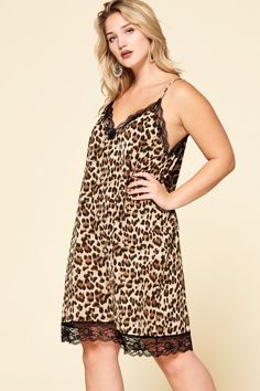 Leopard printed sleeveless slip dress featuring an adjustable spaghetti strap and eyelash ace edge trim. Eyelashes, Leopard Print, Spaghetti Strap, Slip Dress, Spaghetti, Lingerie, Trim, Quick Saves