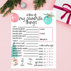 a printable christmas shopping list with presents and decorations around it on a pink background