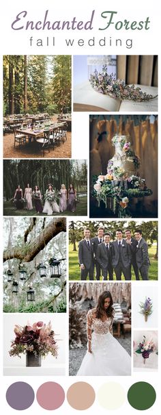 a collage of wedding photos with the words, enchanted forest fall wedding