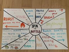 a spin the bottle game on a wooden floor with words written in different languages and colors