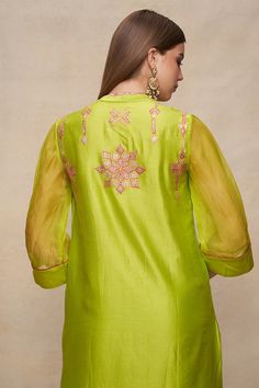 Lime green kurta with geometric, floral placed gota embellishments. - Aza Fashions Green Resham Embroidered Cotton Silk Blouse Piece, Designer Green Kurta With Mirror Work, Designer Green Blouse Piece With Mirror Work, Green Blouse Piece With Gota Work For Festivals, Green Blouse Piece With Resham Embroidery For Transitional Seasons, Traditional Green Blouse For Eid, Green Embroidered Top With Traditional Drape, Traditional Drape Green Embroidered Top, Transitional Green Blouse Piece With Resham Embroidery