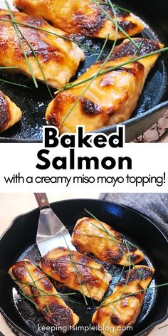 This easy baked salmon with a mayo and miso topping is a flavor packed dinner that is ready in under 30 minutes. Tender baked salmon cooks perfectly in cast iron with a creamy umami flavored mayonnaise for a delicious meal. A must try for seafood lovers.