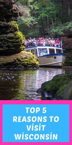 a boat filled with people traveling down a river next to trees and moss covered rocks