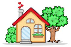 a small house next to a tree with hearts on it's roof and windows