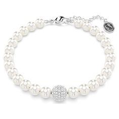 Choose everyday joy with this Swarovski Remix strand. This timeless piece drips with Swarovski Crystal Pearls and a shimmering pavé-set sphere set on rhodium plating. The bracelet is finished with a lobster closure and elongation for the perfect fit. An essential for your jewelry collection, or an inspired gift idea. Latest Bracelets, Pearl Clasp, Timeless Watches, Pink Watch, Pearl Color, Metal Bracelets, Crystal Pearls, Adjustable Bracelet, Pearl Bracelet