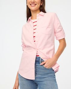 Factory: Button-up Oxford Shirt In Signature Fit For Women Trendy Shirt With Relaxed Fit And Shirttail Hem, Trendy Relaxed Fit Shirt With Shirttail Hem, Chic Cotton Shirt With Rolled Sleeves, Trendy Shirt With Shirttail Hem For Daywear, Chic Cotton Shirt With Shirttail Hem, Casual Slim Fit Button-up Blouse, Trendy Everyday Shirt With Shirttail Hem, Trendy Cotton Tops With Spread Collar, Trendy Fitted Top With Spread Collar