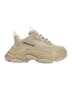 Balenciaga "Triple S" sneakers in faux-leather, nylon, and mesh fabric. Chunky heel. Reinforced round toe. Lace-up vamp. Pull-tab at tongue and backstay. Padded collar. Rubber sole. Spot clean. Made in Italy. Chunky Sneakers With Rubber Waffle Outsoles And Mesh, Mesh Sneakers With Round Toe And Medium Fit, Medium Fit Mesh Sneakers With Round Toe, Chunky Mesh Sneakers With Contrast Sole, Chunky Mesh Sneakers With Contrast Sole And Round Toe, Mesh Platform Sneakers With Contrast Sole For Streetwear, Chunky Sneakers With Rubber Waffle Outsoles For Streetwear, Streetwear Chunky Sneakers With Rubber Waffle Outsoles, Sporty Medium Fit Platform Sneakers For Streetwear