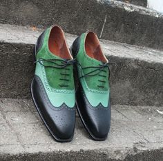 LeatherLooms Black / Green Suede Leather Wingtip Oxford Lace up Dress Shoes on Storenvy Green Leather Lace-up Dress Shoes, Classic Green Leather Oxfords, Green Leather Wingtip Oxfords, Elegant Green Slip-on Oxfords, Green Leather Slip-on Oxfords, Quality Leather Boots, Wingtip Shoes, Custom Design Shoes, Wingtip Oxford