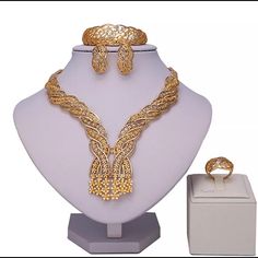 New Absolutely Stunning 18k Dubai Gold Filled 4 Pieces (Necklace, Bracelet, Earrings, Ring) Dubai Gold Jewelry Set Bridal African Jewelry Nigerian Women Wedding-Jewelry Sets Brand Hypoallergenic Pet Free Smoke Free Gold Bridal Necklace With Elegant Design, Elegant Gold Jewelry Sets For Party, Elegant Gold Jewelry Set As Gift, Elegant Gold Bridal Necklace For Formal Occasions, Elegant Plated Bridal Necklace, Elegant Plated Bridal Necklace As A Gift, Gold-plated Jewelry Sets For Celebration, Elegant Gold Plated Bridal Necklace For Celebration, Gold Hand Set Jewelry Sets For Anniversary