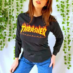 Nwot Thrasher Long Sleeve Shirt Size Small, Modeled On An Xs-S. 100% Cotton. Measurements (Taken Flat) Ptp: 17” Length: 15” Sleeve: 22” #Skater #Grunge #Thrasher #2000s #Unisex Black Flame Print Top For Streetwear, Casual Flame Print Tops For Streetwear, Orange Long Sleeve Top For Streetwear, Trendy Orange Tops For Streetwear, Casual Orange Tops For Streetwear, Casual Black Tops With Flame Print, Orange Long Sleeve T-shirt For Streetwear, Maddi Bragg, Halloween Women