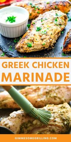 grilled chicken marinade on a pan with the title overlay reads greek chicken marinade