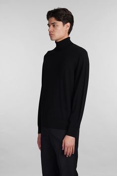 Knitwear in black wool, high collar, long sleeves, ribbed cuffs and bottom, 97% wool, 3% other fibers, Made in China, Model is 1. 83 and wears size M American Clothing Brands, John Lobb, Zegna Shoes, Burberry Hat, Gorgeous Bags, Made In China, Black Wool, Men's Collection, High Collar