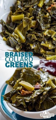 collard greens on a blue and white plate with cranberry sauce in the background