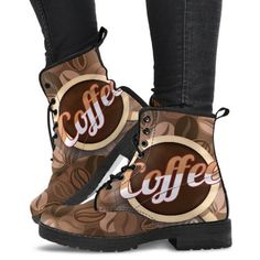 a woman's boots with the word coffee printed on them