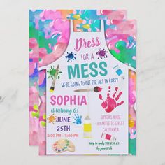 this is an image of a child's apron birthday party card with paint splatters on it