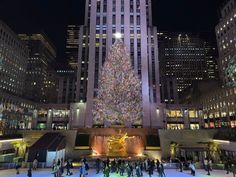 the rockefeller christmas tree is lit up in new york city's financial district at night