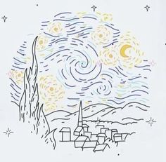 a drawing of a night sky with stars and buildings in the foreground, as well as an image of a mountain