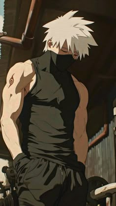 an anime character with white hair and no shirt on, standing in front of a building