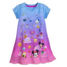 DISNEY STORE EMOJI ICONS Child Nightshirt Express yourself in ''tweet dreams'' wearing this soft jersey sleepshirt displaying Emoji styled Disney character icons.  Polyester.  Flame resistant. * Jersey knit nightshirt * Allover front sublimated ink art * Includes Mickey, Minnie, Donald, Pluto, Stitch, Bambi, Alice, and Cheshire Cat Emoji icons * Graded ombre color treatment * Cap sleeves * Pieced shoulder yoke * Ribbed v-neckline Size 4 (X-Small) Also available in Small 5-6 and Medium 7-8 Height Disney Character Icons, Alice And Cheshire Cat, Sleep Dress Nightgowns, Disney Princess Elena, Cat Emoji, Character Icons, Girl Emoji, Disney Emoji, Disney Pajamas