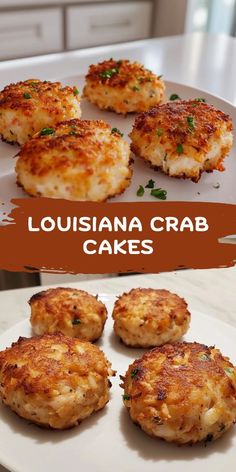 four crab cakes on a white plate with the words louisiana crab cakes above it and below