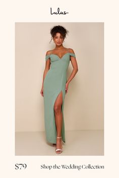 The Lulus Lovely Enchantment Sage Brush Cold-Shoulder Column Maxi Dress is exactly what you need to be the most elegant sight at any event! Lightweight woven chiffon shapes this gorgeous dress that features a lightly gathered bodice and a flirty V-neckline, supported by adjustable spaghetti straps and framed by pleated, off-the-shoulder sleeves that create a cold-shoulder effect. The flattering, set-in waist tops a figure-skimming column skirt that cascades down to a sweeping maxi hem with a sul Sage Brush, Cold Shoulder Gown, Gathered Bodice, Column Skirt, Lulu Fashion, Bridal Party Dresses, Maxi Dress Green, Gorgeous Dresses, Shoulder Sleeve