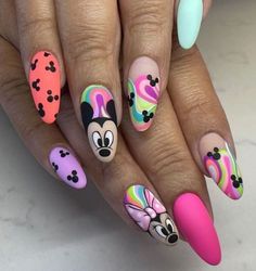 Disney Abstract Nails, Nails Miki Mouse, Disney Chrome Nails, Disney Easter Nails, Neon Disney Nails, Minnie Nails Designs, Minnie Mouse Nail Designs, Disney Themed Nails Acrylic, Mickey Nail Art