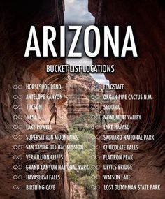 the arizona bucket list is displayed in front of an image of canyons and cliffs